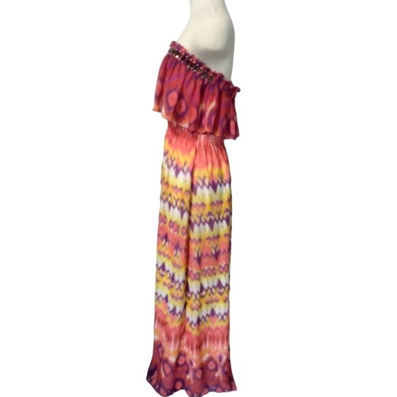 2b Bebe Strapless Maxi Dress With Beaded Top & Vibrant Boho Print Size Medium - Picture 4 of 9